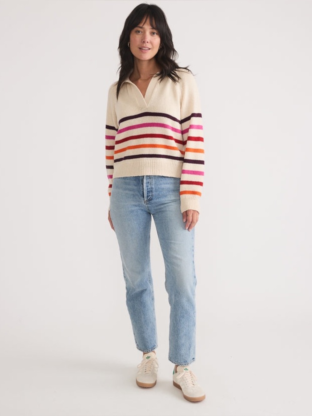 Marine Layer Claire Relaxed Sweater Polo Merino Wool Cotton L Warm Stripe NWT - Picture 3 of 16